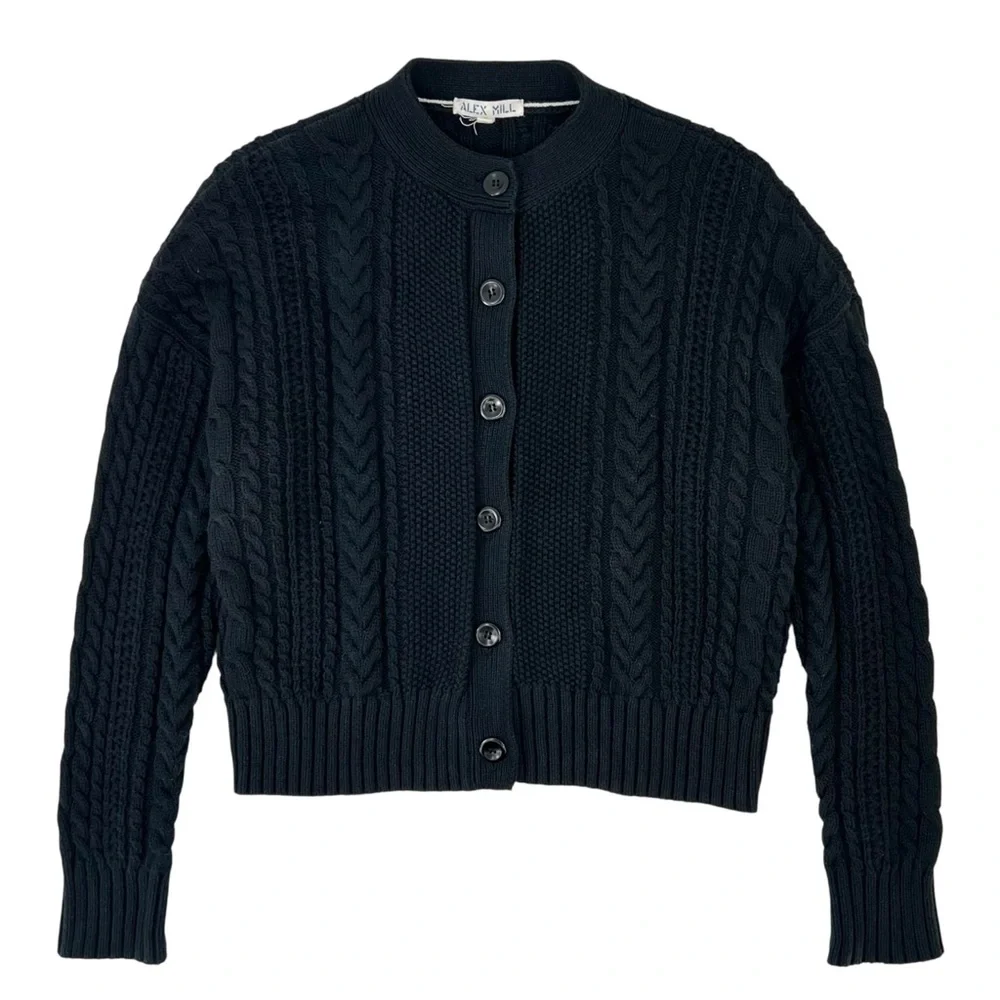 Alex Mill Cable Knit Nico Chunky Cardigan - Black Drop Shoulder Button Up Cardi - Picture 5 of 11